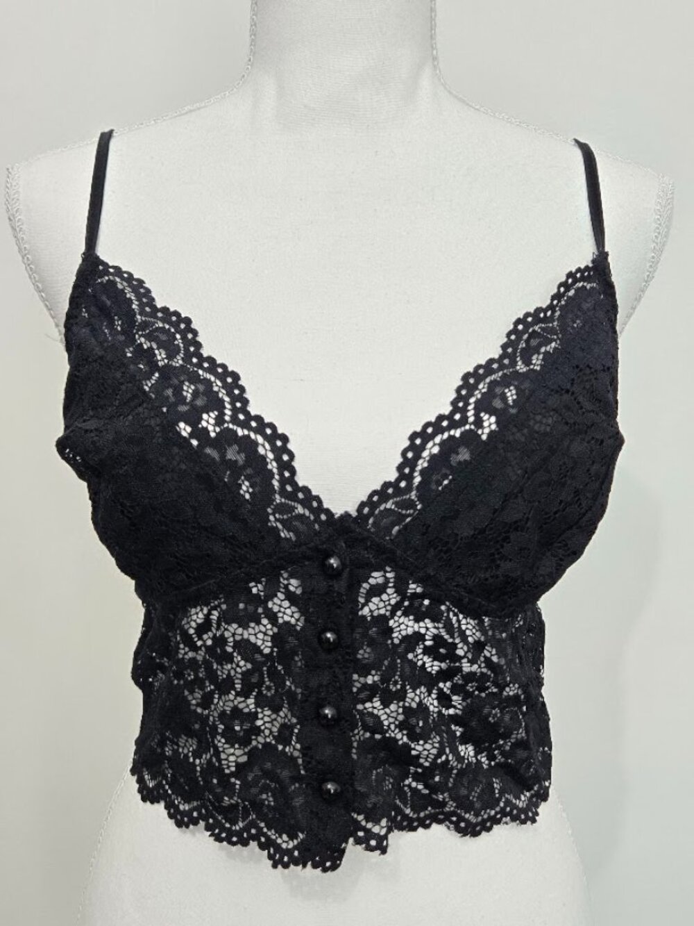 Cinema Etoile Black Lace Crop Tank Top Sz L Button Front Whimsigoth Sexy Sheer